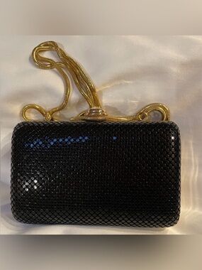 Sondra Roberts Black & Gold Mesh Hard Case Evening Clutch with Crystal Accent